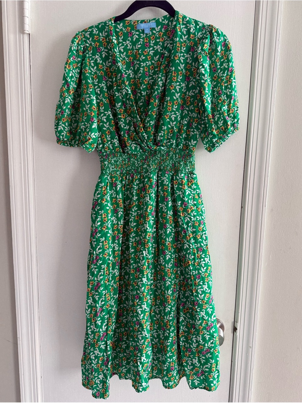 Draper James Green Floral Smocked Midi Dress with Puff Sleeves Size M